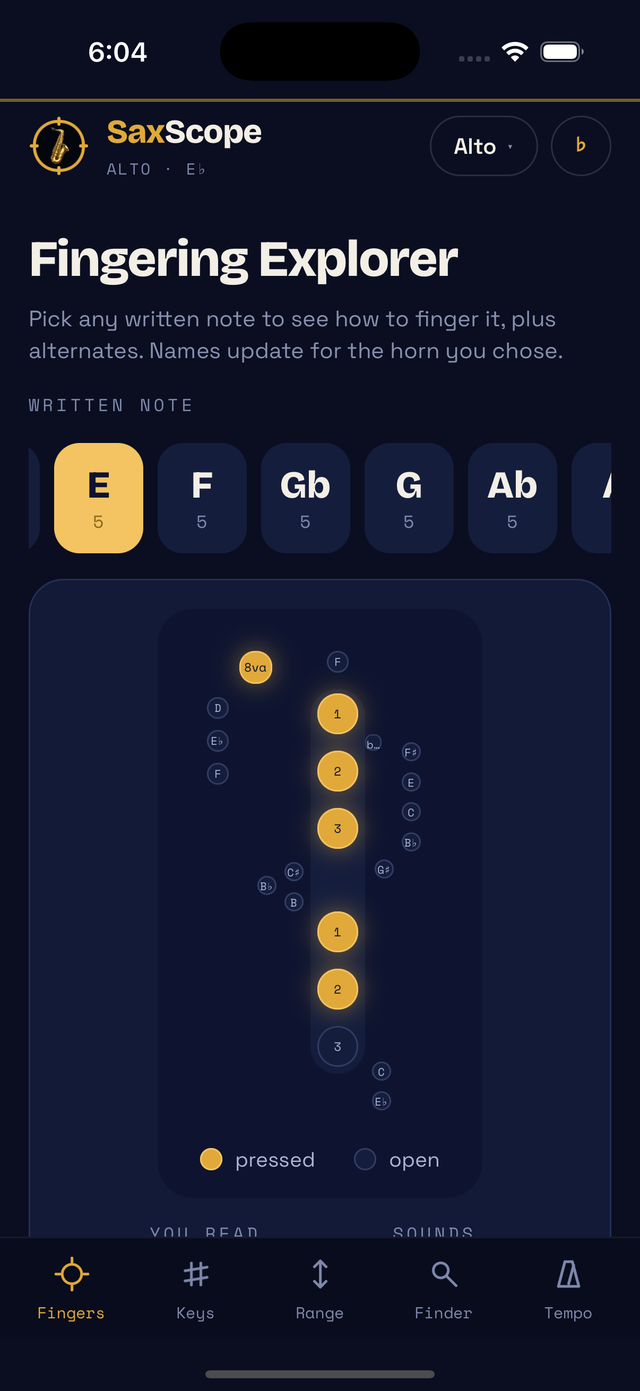 Fingering Explorer screen